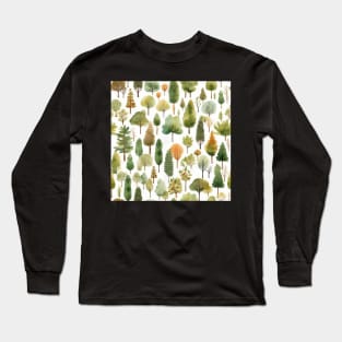 Pastel Oasis: A Serene Seamless Pattern of Trees and Plants in Soft Hues Long Sleeve T-Shirt